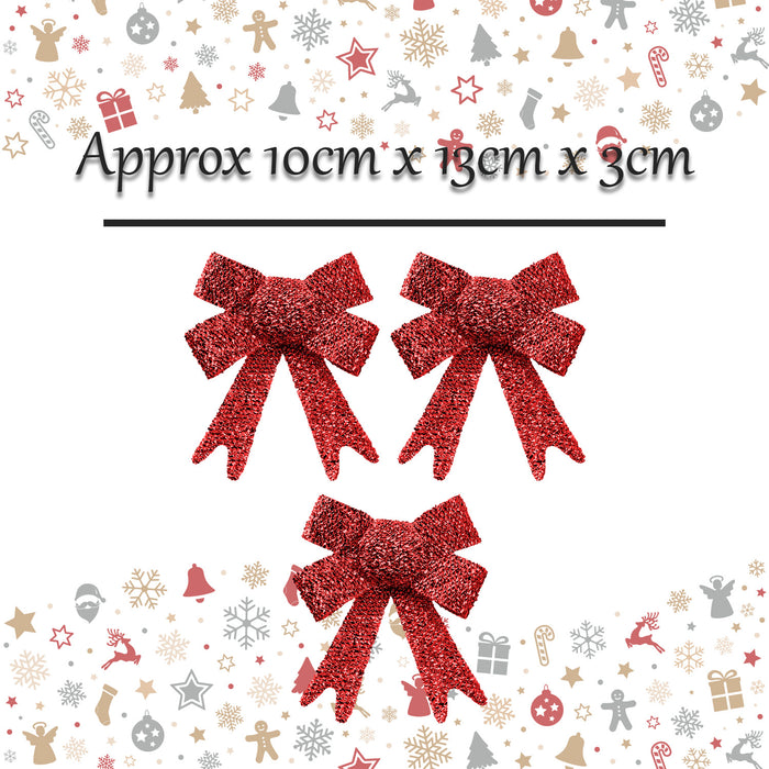 Tinsel Bows x 3 Christmas Decoration X 3 10cm x 13cm x 3cm Red