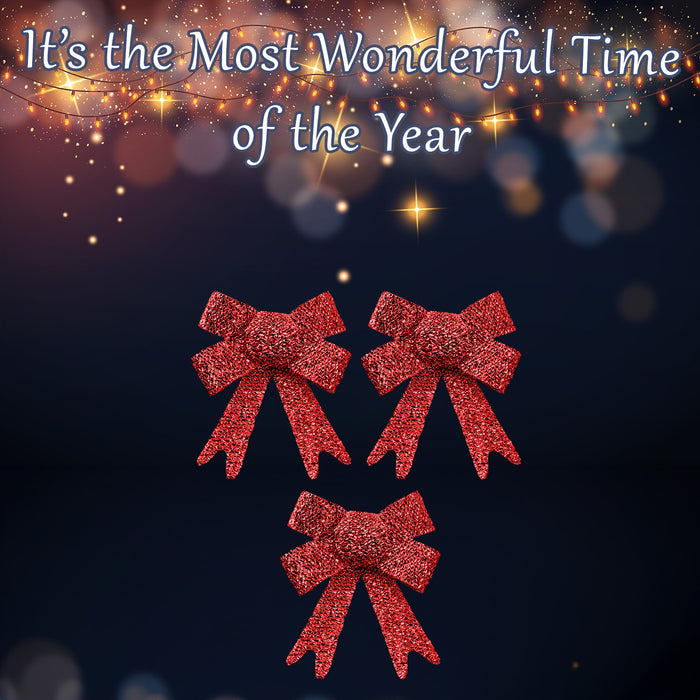 Tinsel Bows x 3 Christmas Decoration X 3 10cm x 13cm x 3cm Red