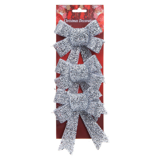 Tinsel Bows Christmas Decoration X 3 10cm x 13cm x 3cm Silver