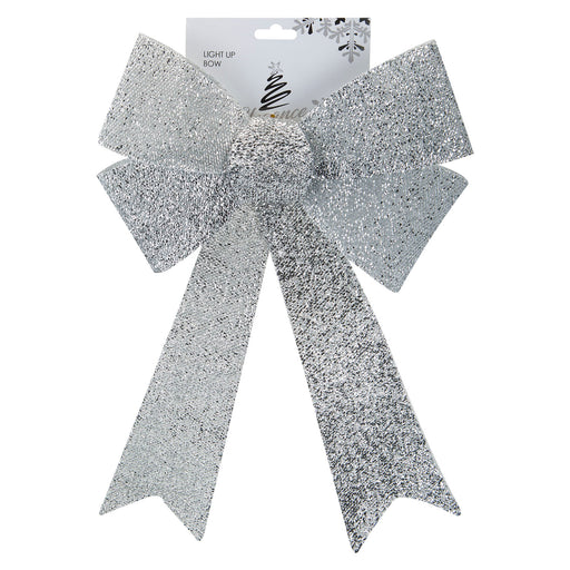 Tinsel Bow Light Up Christmas Decoration X 1 29cm x 43cm x 10cm Silver