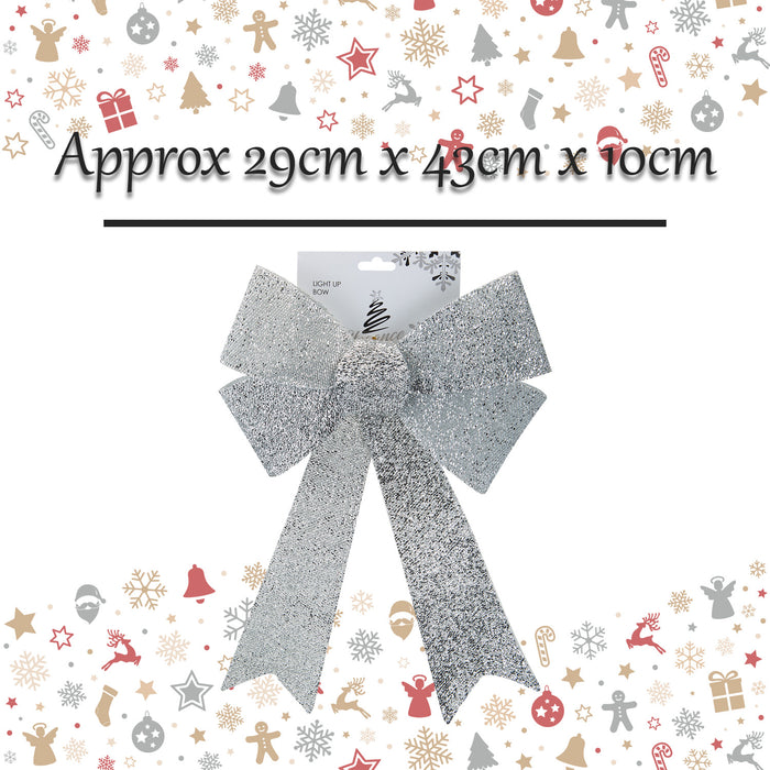 Tinsel Bow Light Up Christmas Decoration X 1 29cm x 43cm x 10cm Silver