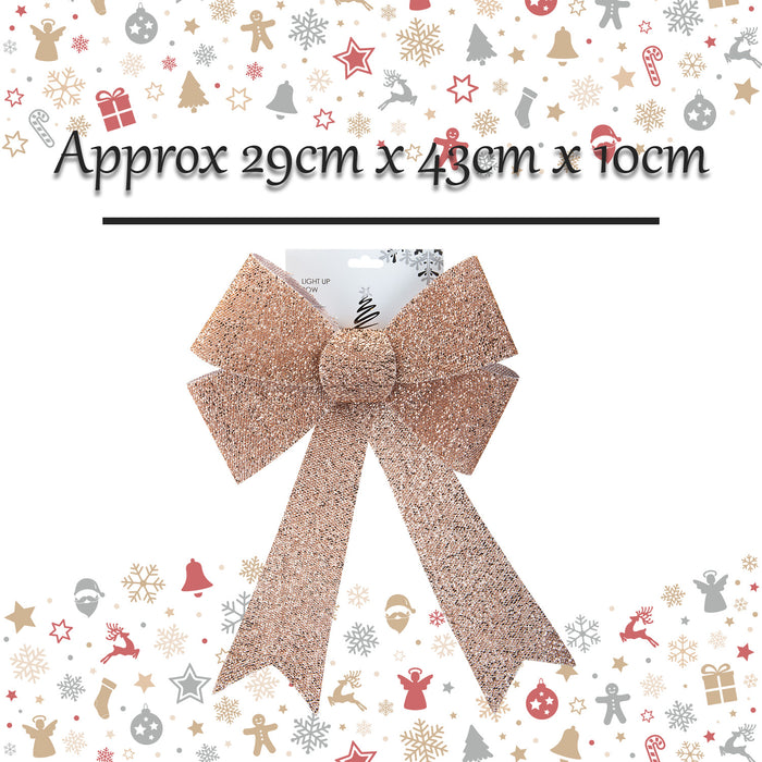 Tinsel Bow Light Up Christmas Decoration X 1 29cm x 43cm x 10cm Rose Gold