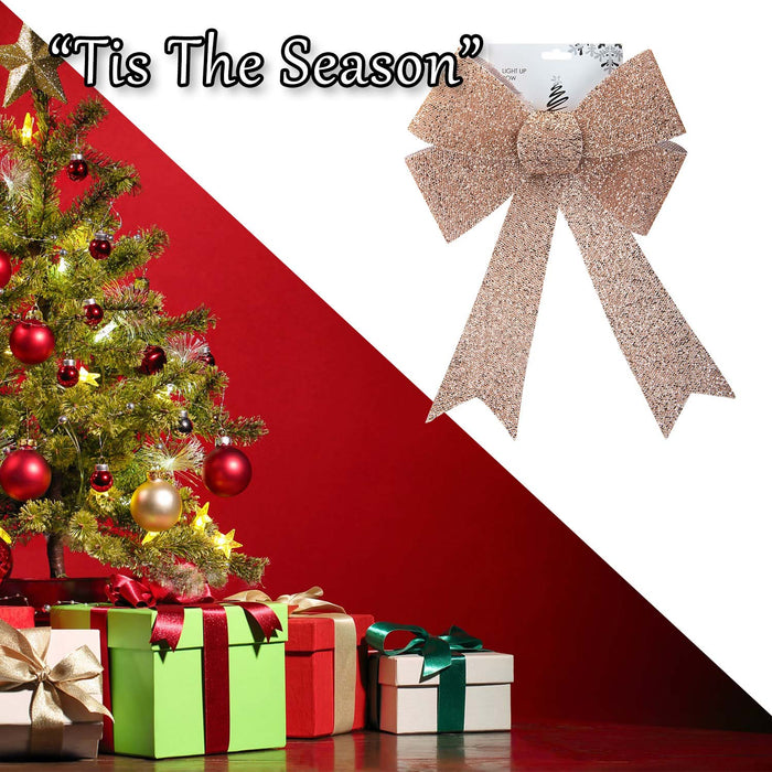 Tinsel Bow Light Up Christmas Decoration X 1 29cm x 43cm x 10cm Rose Gold