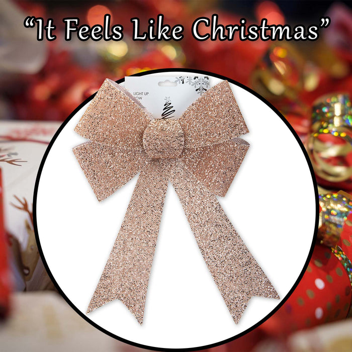 Tinsel Bow Light Up Christmas Decoration X 1 29cm x 43cm x 10cm Rose Gold
