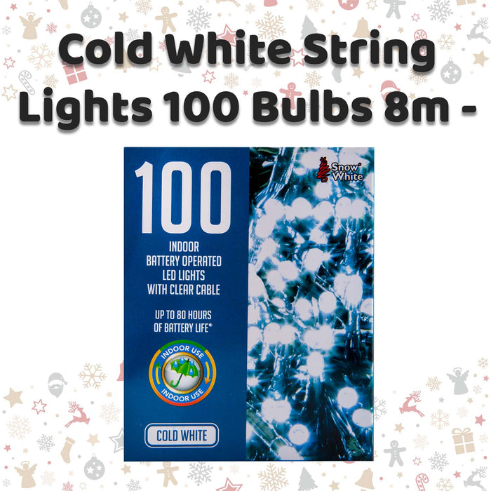 Christmas Cold White String Lights 100 Bulbs 8m - 50cm Lead X 1