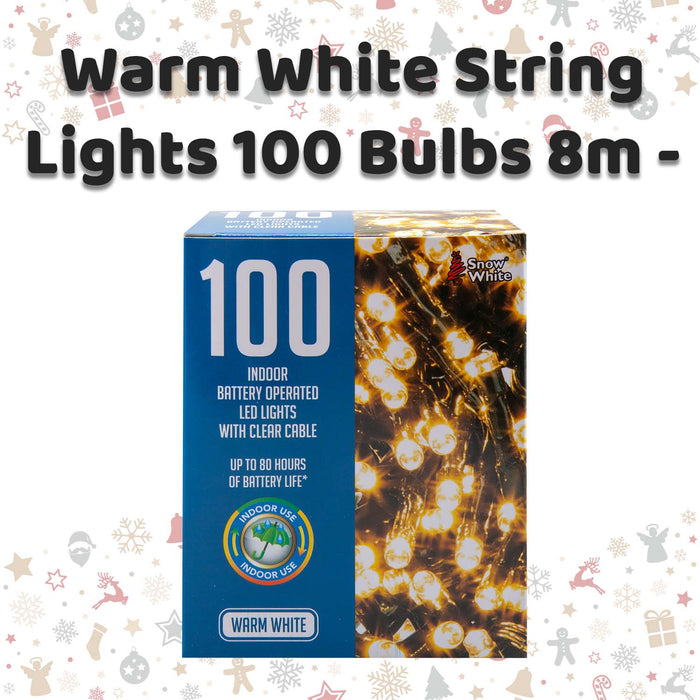Christmas Warm White String Lights 100 Bulbs 8m - 50cm Lead X 1
