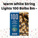 Christmas Warm White String Lights 100 Bulbs 8m - 50cm Lead X 1