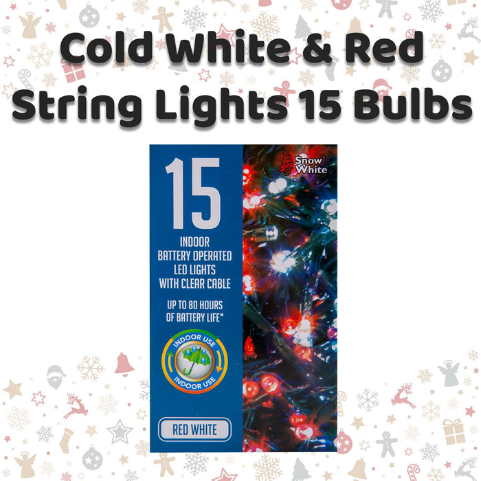 Christmas Cold White and Red String Lights 15 Bulbs 1.4m 30cm Lead X 1