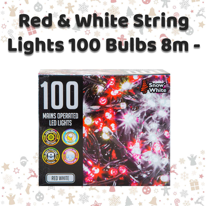 Christmas Red and White String Lights 100 Bulbs 8m - 50cm Lead X 1