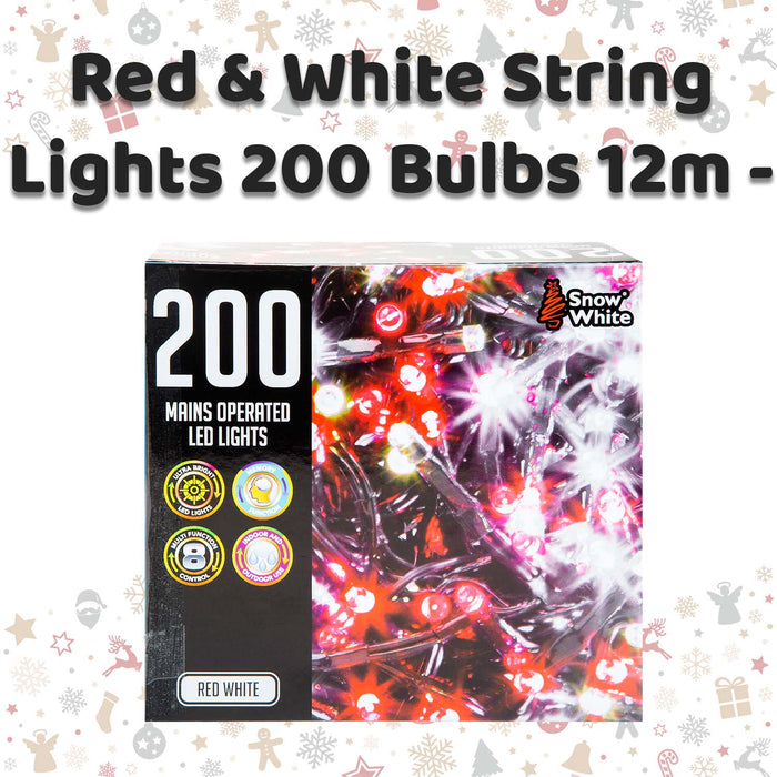 Christmas Red and White String Lights 200 Bulbs 12m - 50cm Lead X 1
