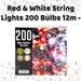Christmas Red and White String Lights 200 Bulbs 12m - 50cm Lead X 1