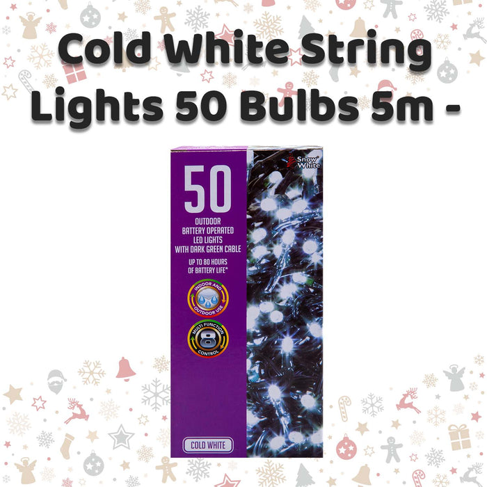 Christmas Cold White String Lights 50 Bulbs 5m - 30cm Lead X 1