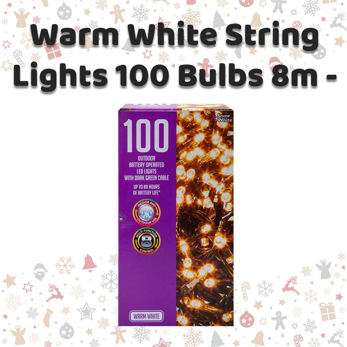 Christmas Warm White String Lights 100 Bulbs 8m - 50cm Lead X 1