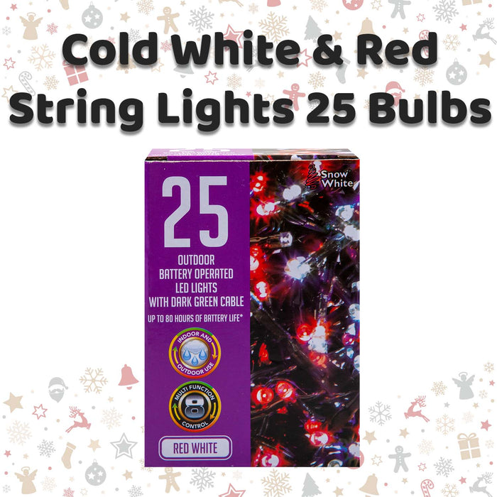 Christmas Cold White and Red String Lights 25 Bulbs 2m - 50cm Lead X 1