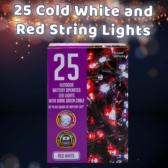 Christmas Cold White and Red String Lights 25 Bulbs 2m - 50cm Lead X 1