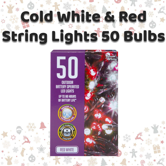 Christmas Cold White and Red String Lights 50 Bulbs 5m 30cm Lead X 1