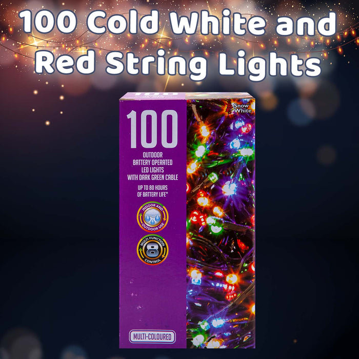 Christmas Cold White and Red String Lights 100 Bulbs 8m 50cm Lead X 1