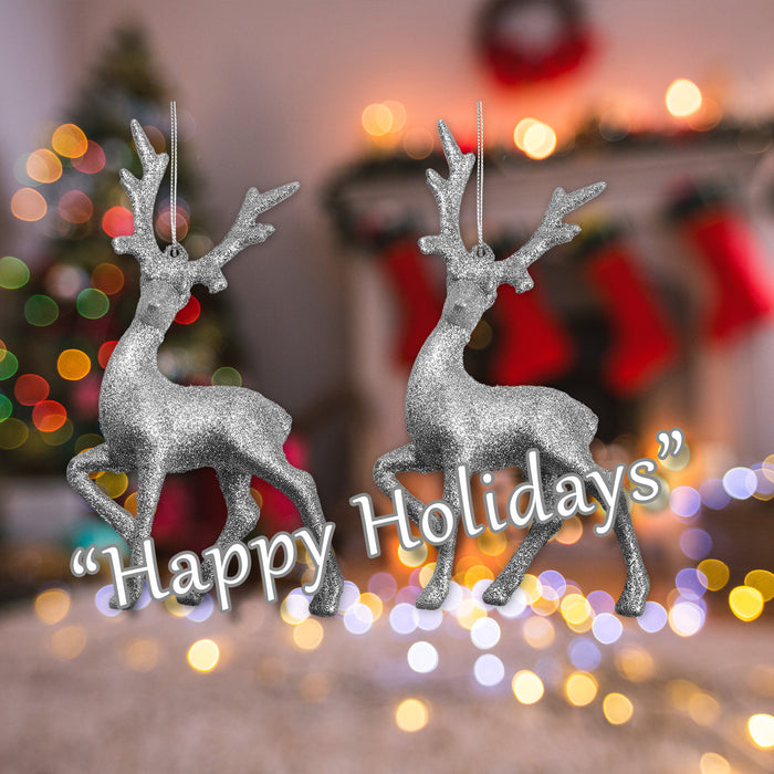 Christmas Tree Decoration Glitter Reindeer Ornament X 2 16cmx10cmx4cm Silver