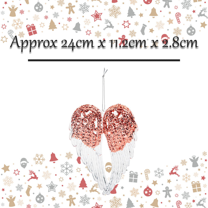 Christmas Tree Decoration Hanging Large Glitter Angel Wings X 1 24cm Rose Gold