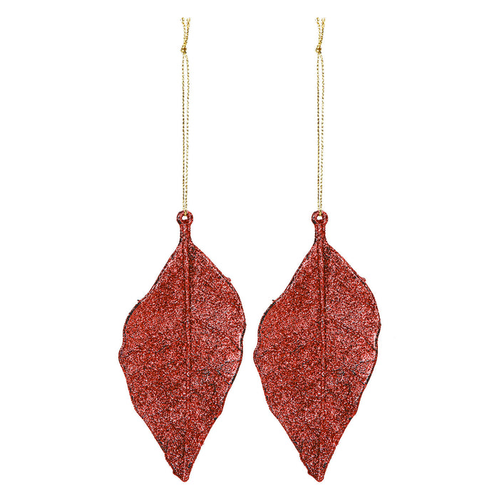 Christmas Tree Decoration 2 Hanging Glitter Leaf Ornament X 2 22.6cm Red