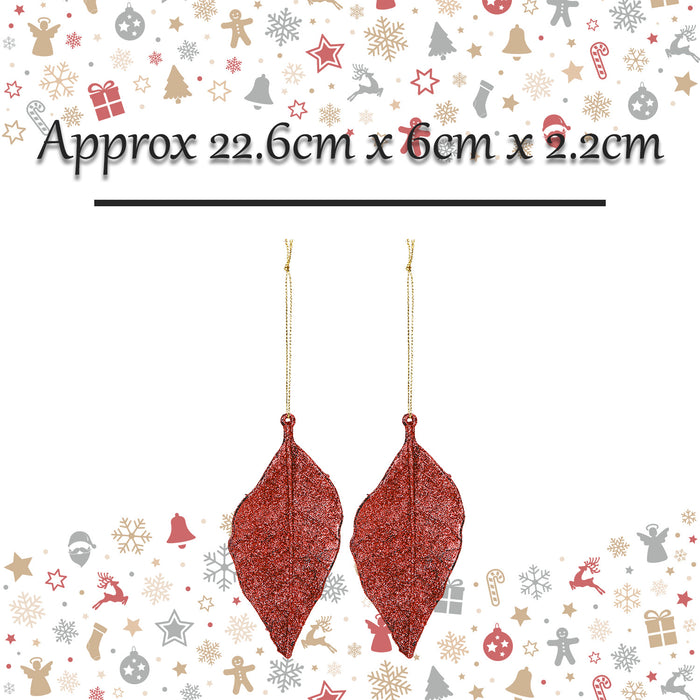 Christmas Tree Decoration 2 Hanging Glitter Leaf Ornament X 2 22.6cm Red