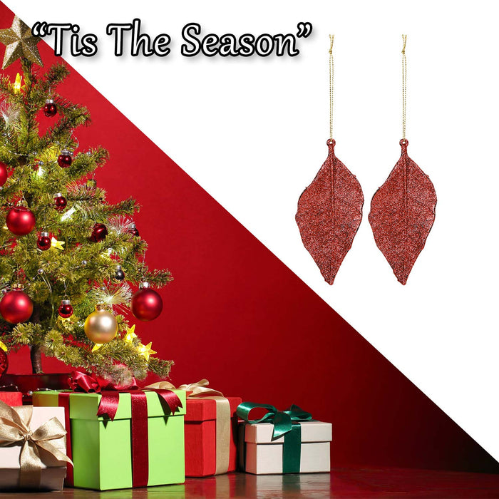 Christmas Tree Decoration 2 Hanging Glitter Leaf Ornament X 2 22. 6cm Red