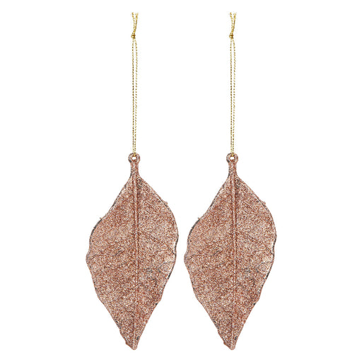 Christmas Tree Decoration 2 Hanging Leaf Glitter X 1 22.6cm Rose Gold