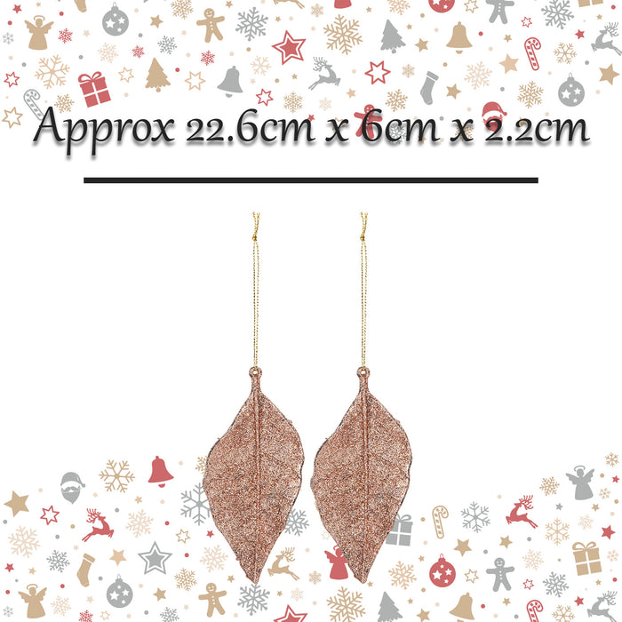 Christmas Tree Decoration 2 Hanging Leaf Glitter X 1 22.6cm Rose Gold