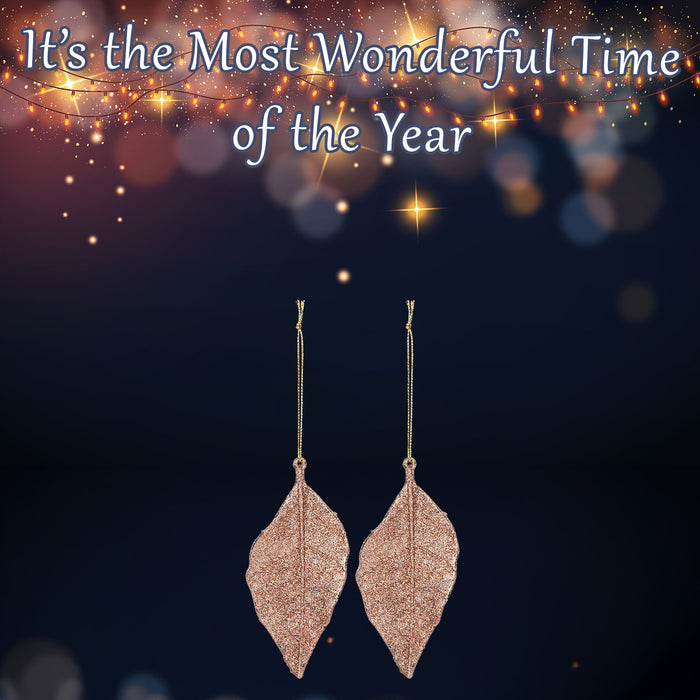 Christmas Tree Decoration 2 Hanging Leaf Glitter X 1 22.6cm Rose Gold