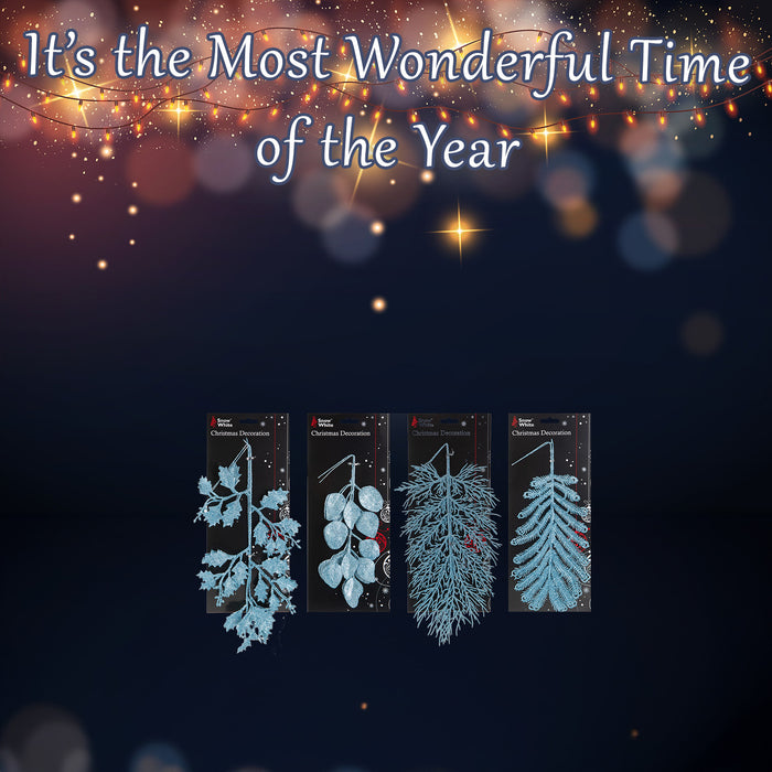 2 Glitter Leaf Christmas Decoration Varied Designs 31. 2cm Ice Blue