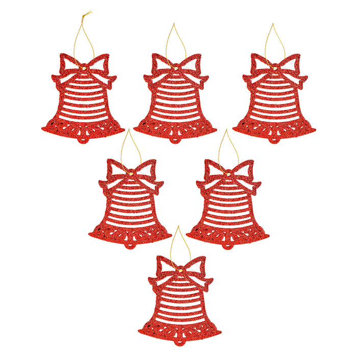 Christmas Tree Decoration Hanging Glitter Bell X 6 17.8x9.3x1.4cm Red