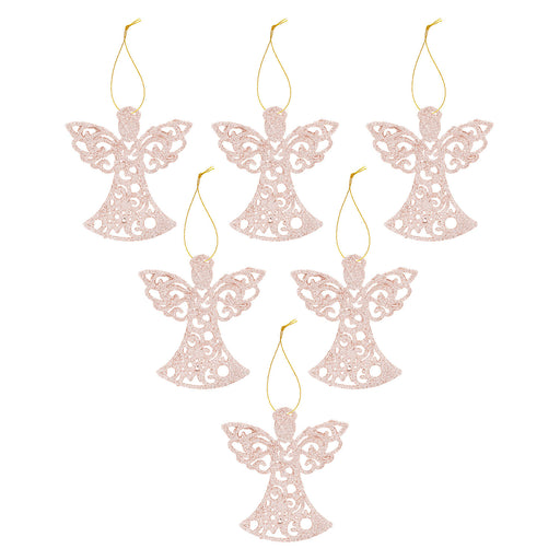 Christmas Tree Decoration Hanging Glitter Angel X 6 17.5cmx10cmx1.5cm Champagne