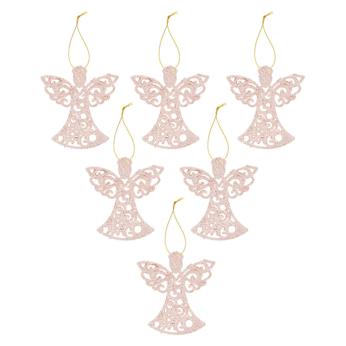 Christmas Tree Decoration Hanging Glitter Angel X 6 17.5cmx10cmx1.5cm Champagne