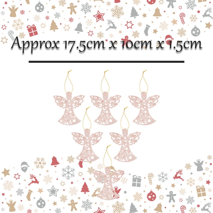 Christmas Tree Decoration Hanging Glitter Angel X 6 17.5cmx10cmx1.5cm Champagne