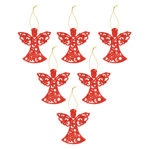 Christmas Tree Decoration Hanging Glitter Angel X 6 17.5x10x1.5cm Red