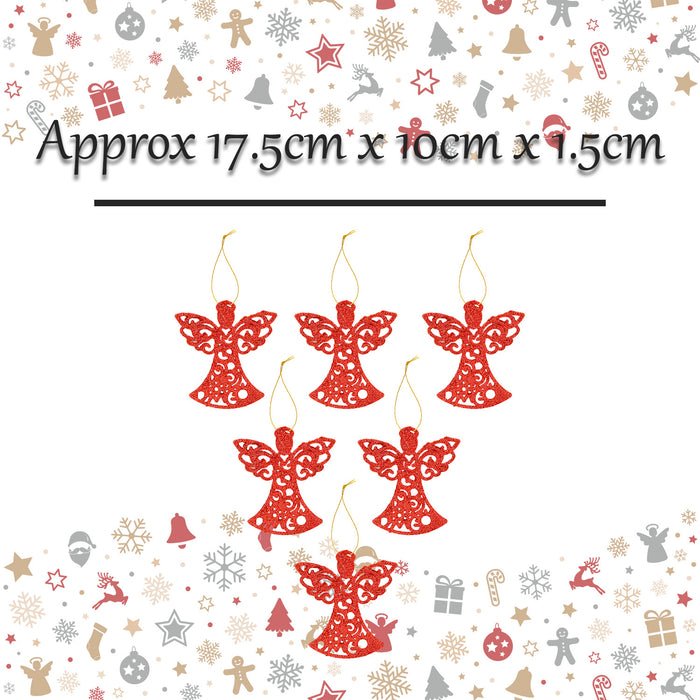 Christmas Tree Decoration Hanging Glitter Angel X 6 17.5x10x1.5cm Red