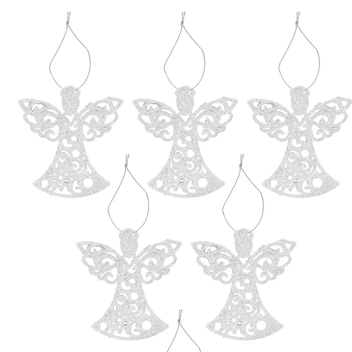 Christmas Tree Decoration Hanging Glitter Angel X 6 17.5x10x1.5cm Silver