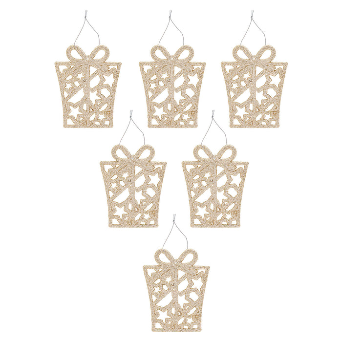 Christmas Tree Decoration Hanging Glitter Presents X 6 17.4x8x1.3cm Champagne