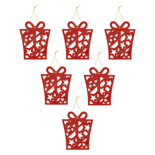 Christmas Tree Decoration Hanging Glitter Present X 6 17.4x8x1.3cm Red