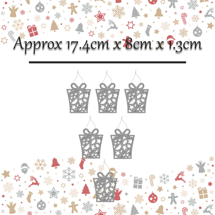 Christmas Tree Decoration Hanging Glitter Present X 6 17.4x8x1.3cm Silver