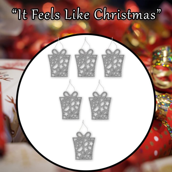 Christmas Tree Decoration Hanging Glitter Present X 6 17. 4x8x1. 3cm Silver