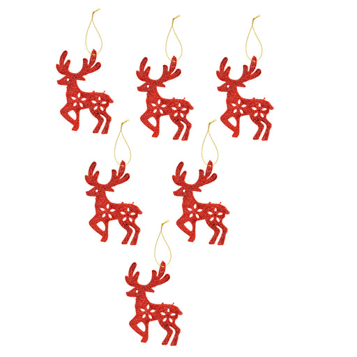 Christmas Tree Decoration Hanging Glitter Stag X 6 11.8x10.6x1.5cm Red