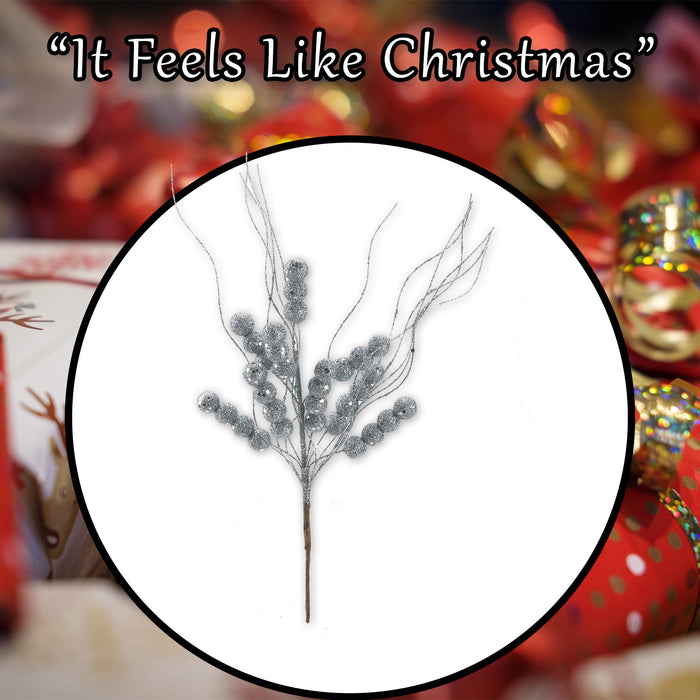Glitter Berry Pick Christmas Decoration Ornament X 1 38cm Silver Glitter