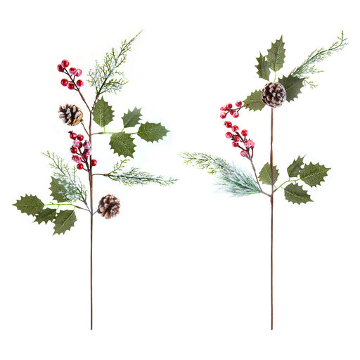 Holly & Berry Picks Christmas Decoration 2 Varied Designs X 1 70cm Red, Green