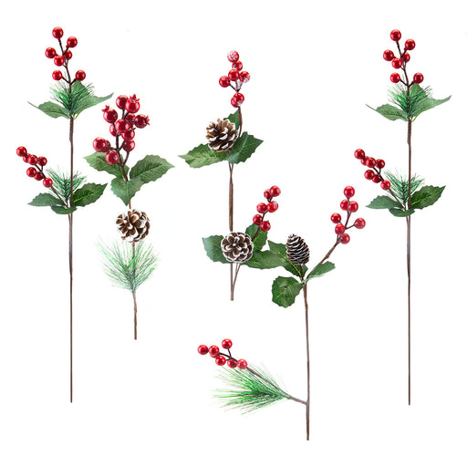 Christmas Cone Berry Picks Decoration 4 Varied Designs X 1 58cm Red, Green