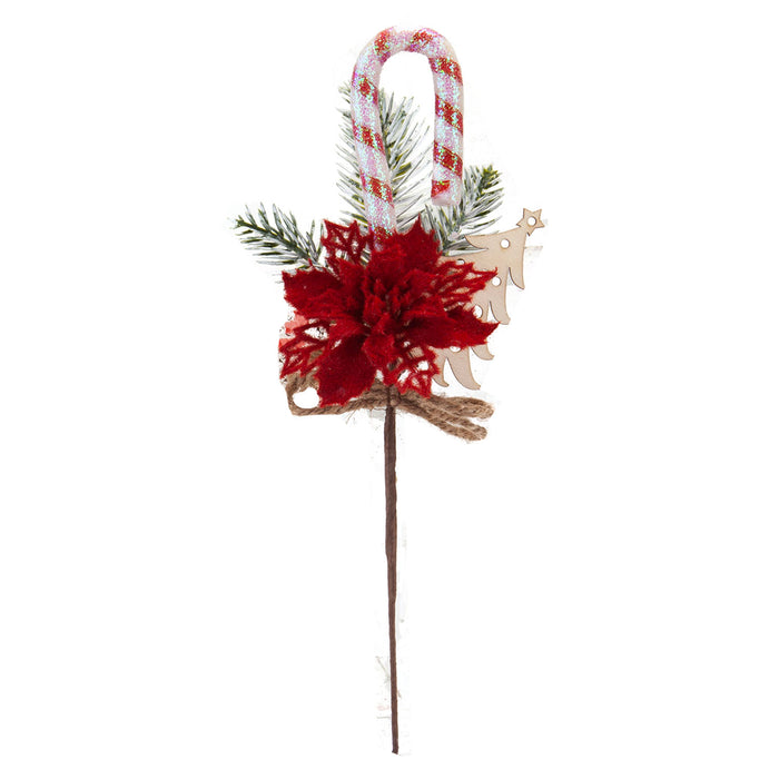 Poinsettia Candy Cane Pick Christmas Decoration Ornament X 1 30cm Red