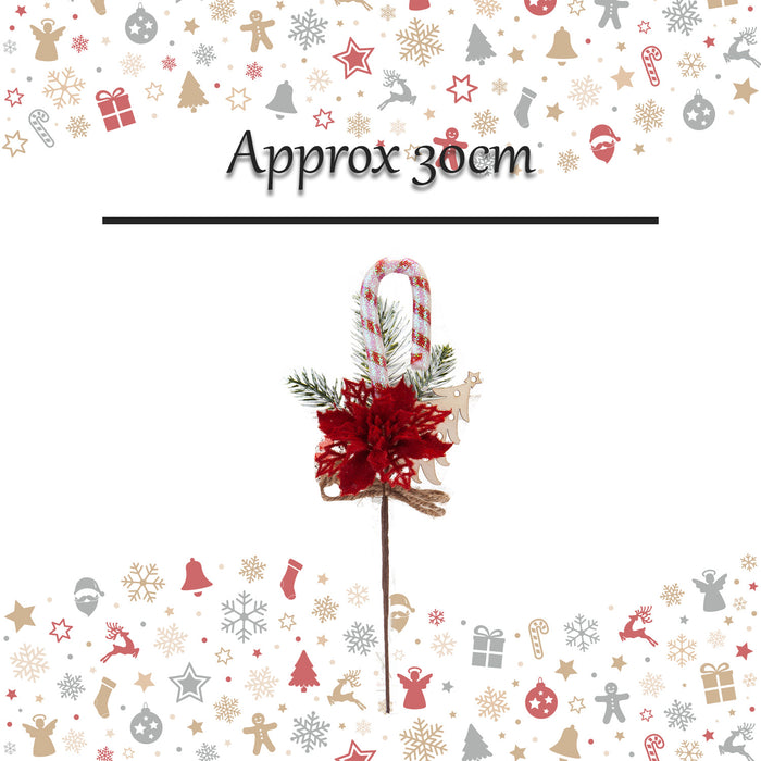 Poinsettia Candy Cane Pick Christmas Decoration Ornament X 1 30cm Red