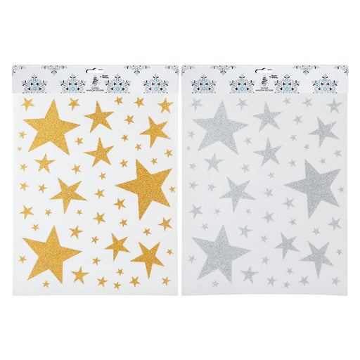 Christmas Stickers Glitter Stars 2 Varied Designs X 1 42cm x 30cm Gold, Silver