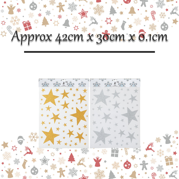 Christmas Stickers Glitter Stars 2 Varied Designs X 1 42cm x 30cm Gold, Silver