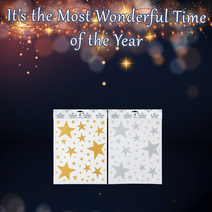 Christmas Stickers Glitter Stars 2 Varied Designs X 1 42cm x 30cm Gold, Silver